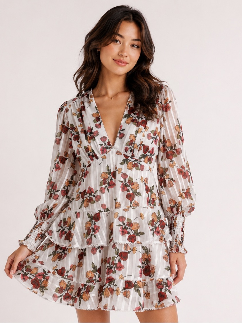 Feminine Floral Puff Sleeve Tiered Mini Dress Romantic V-Neck Fairycore Coquette